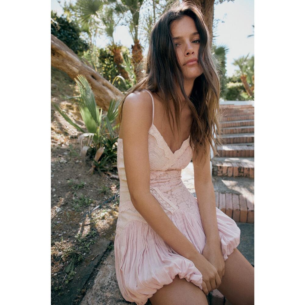 Zara NWT Pink Lace Bubble Hem Spaghetti Strap Mini Dress S - Picture 11 of 13
